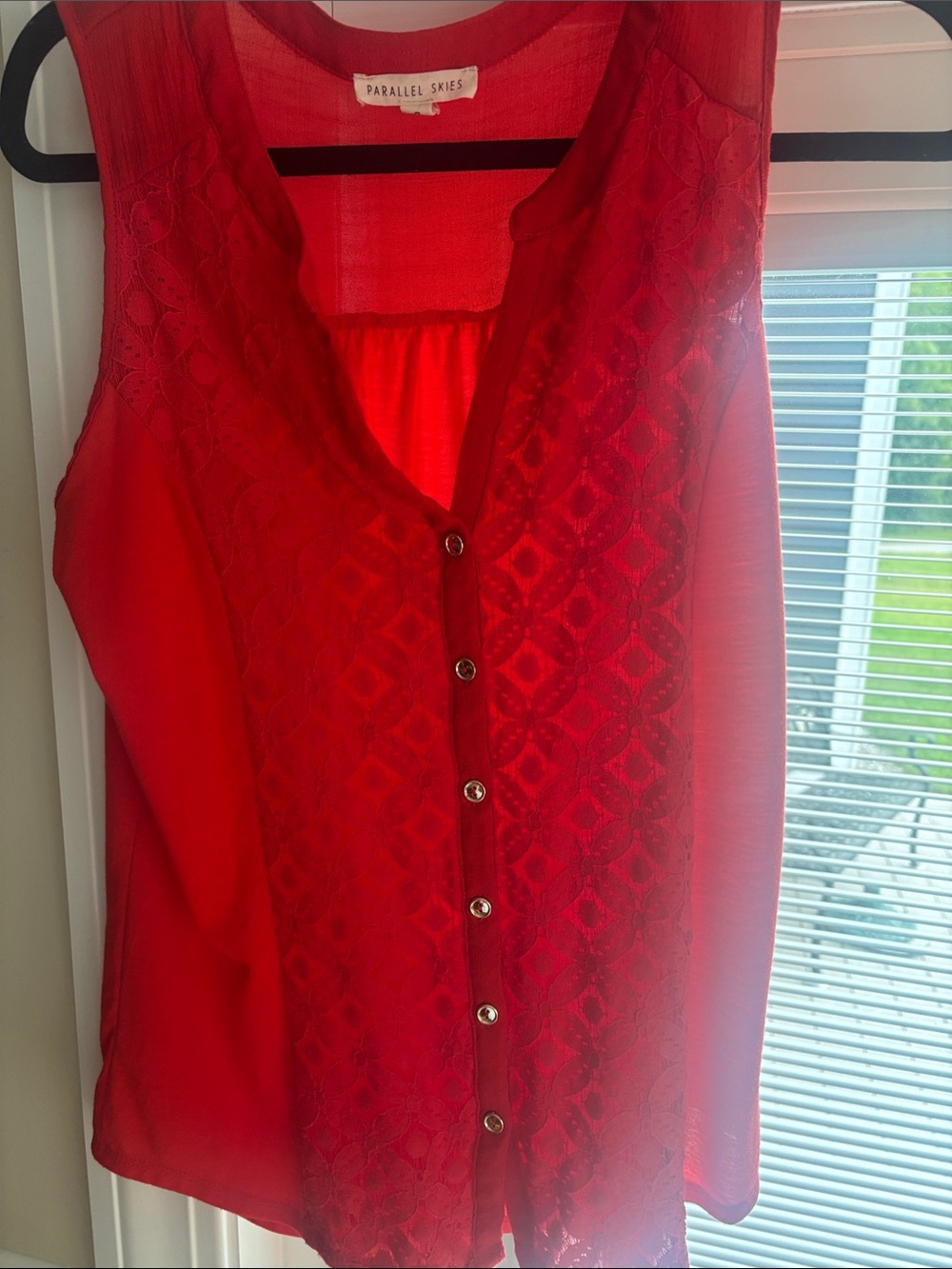 Parallel Skies Red Lace-Front Sleeveless Button Down Top
